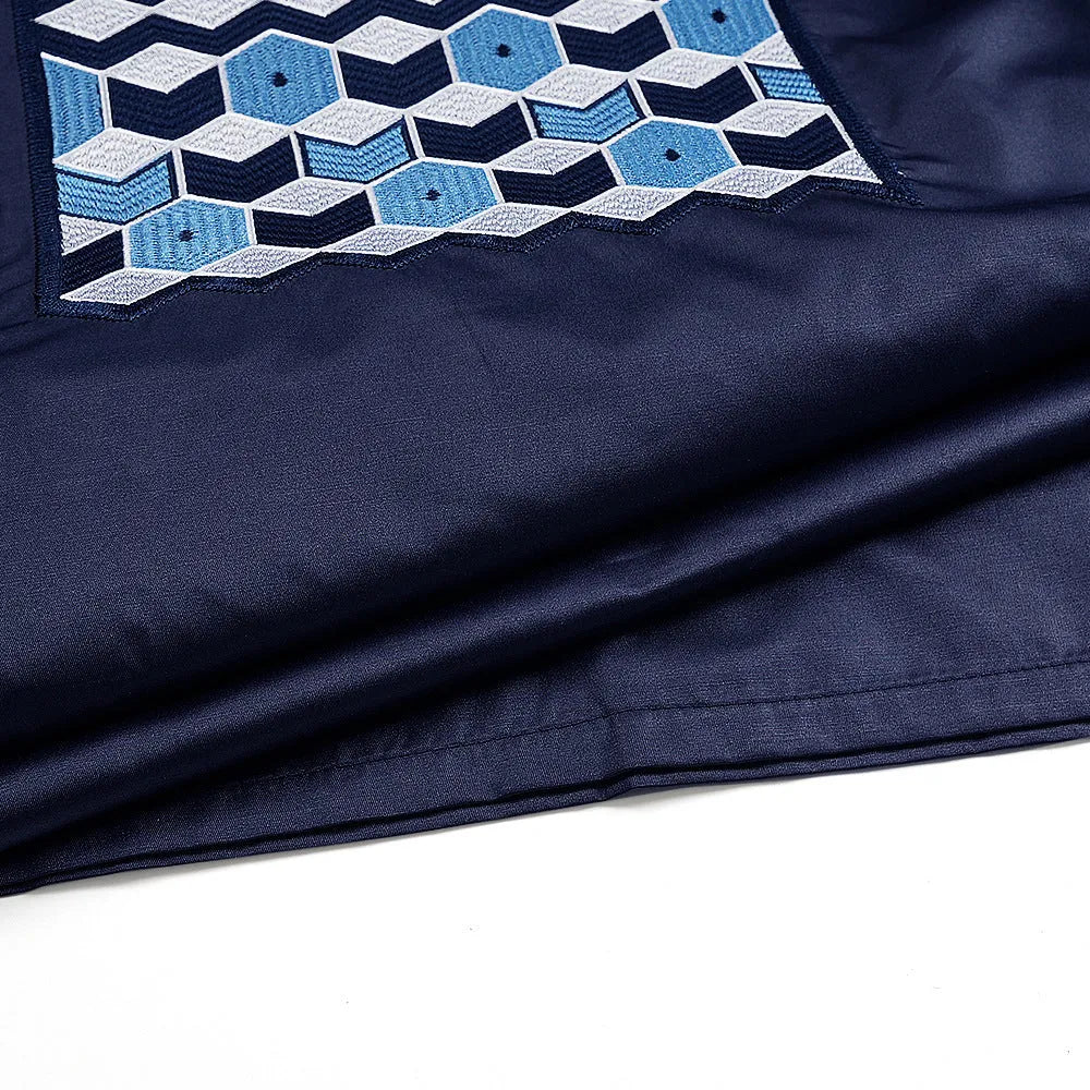 Men's dark blue polyester three-piece suit set with embroidered jacket