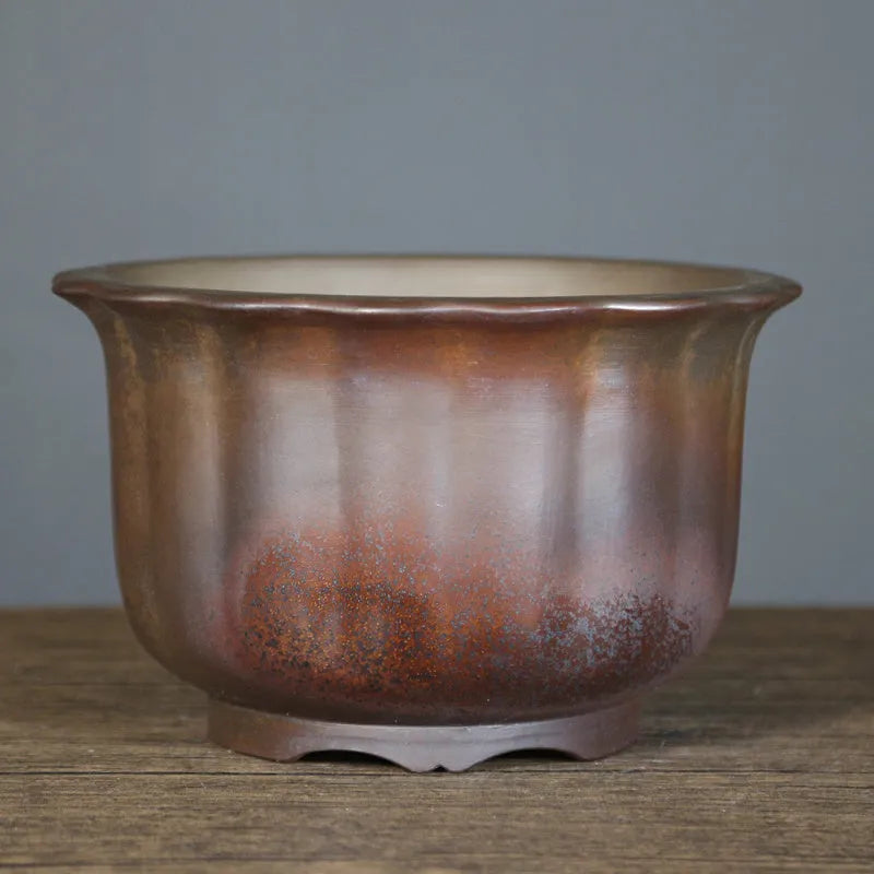 Purple sand ceramic flowerpot with antique carved wood burning design for bonsai plants