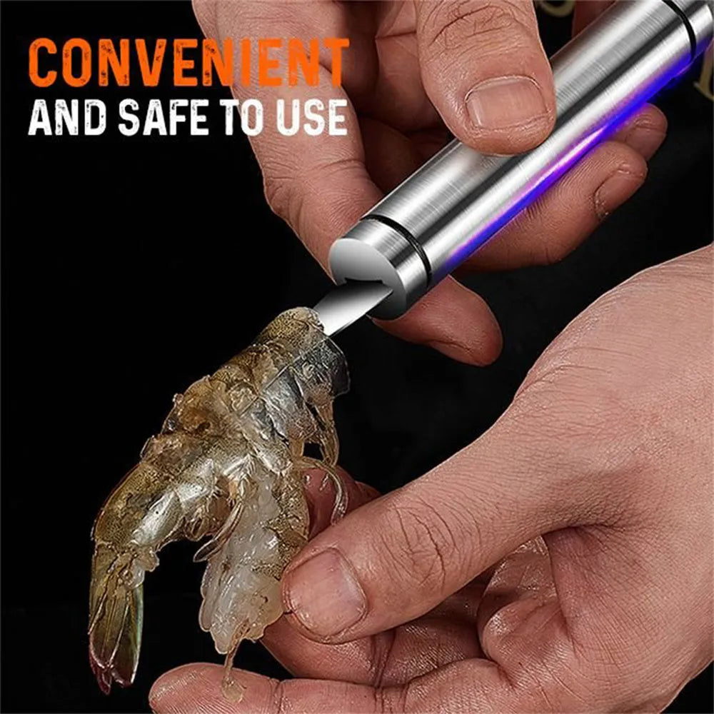 Multifunctional stainless steel shrimp remover with eagle-beak design and double row of blades on a clean surface