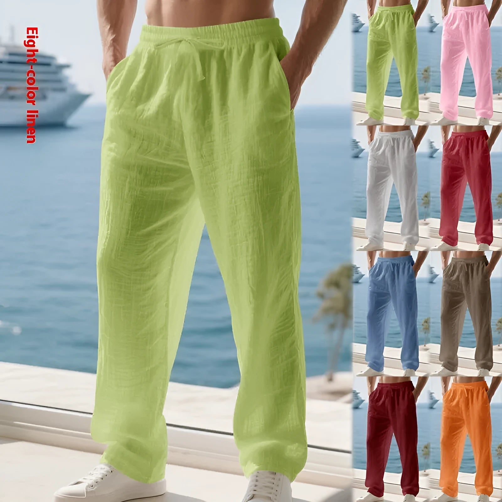 Men's linen solid colour loose fit wide leg drawstring beach trousers, straight cut, summer casual wear