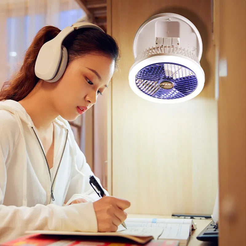 Blue or grey USB charging foldable desk fan with LED light showing wall mounting and desk use