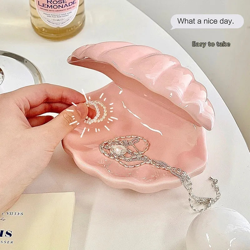 White porcelain decorative tray with integrated small night lamp, pink shell option available.