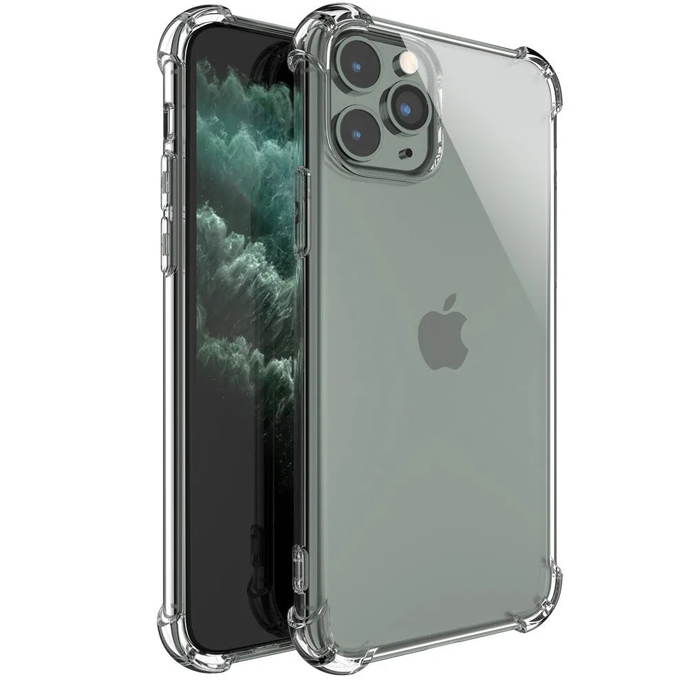 Clear transparent TPU shockproof back cover case for Apple iPhone on a table