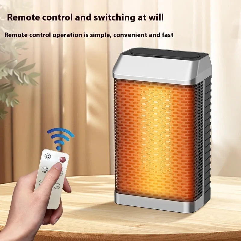 Black remote control desktop heater showing compact size and front control knob.
