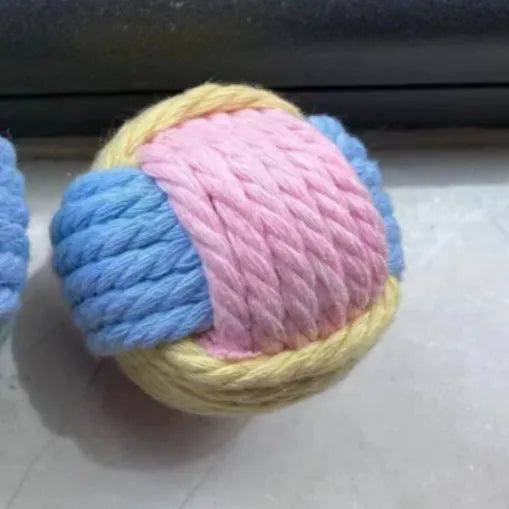 Handmade cotton cat hairball plush toy in blue-pink, green-blue, or pink-green colours, 5cm in diameter.