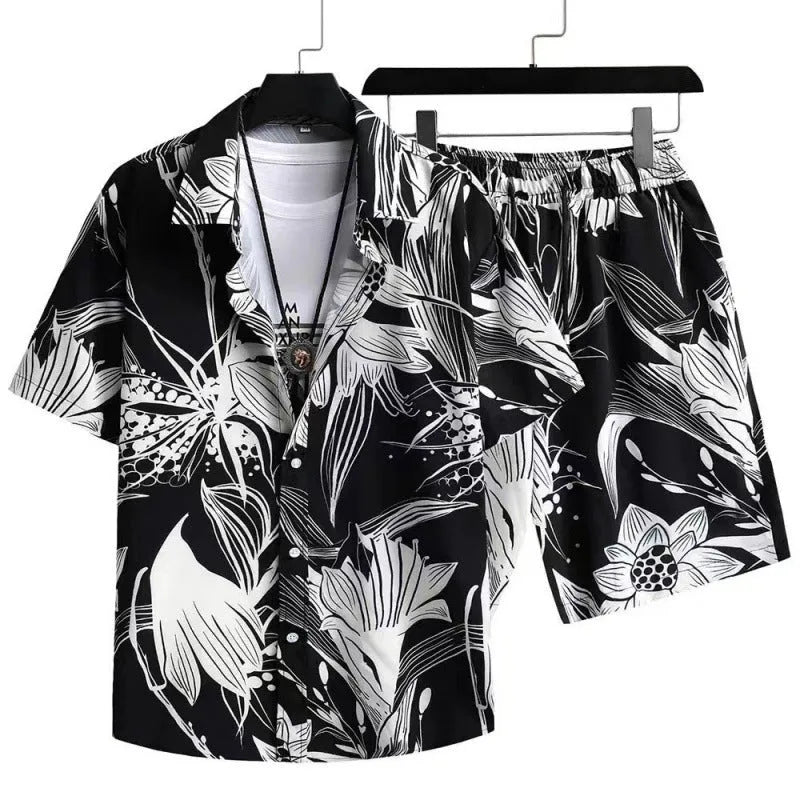 Man wearing a digitally printed short sleeve shirt and matching shorts from a casual polyester suit set.