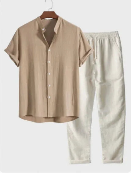 Men's casual linen-blend suit with short sleeve shirt and loose trousers in multiple colour options