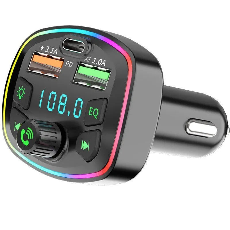 Q7 Automotive MP3 Player Bluetooth FM Transmitter connected to car cigarette lighter socket, showing 1.1-inch display.