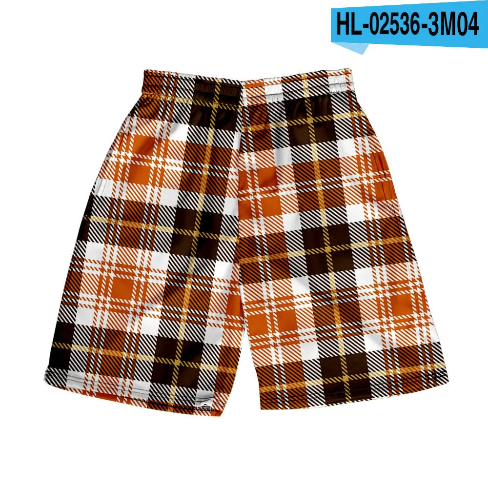 Men's blue and white plaid casual polyester shorts with an elastic waistband.