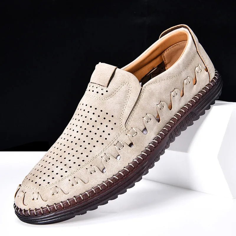 Men's brown slip-on casual shoes with round toe and flat heel on a white background
