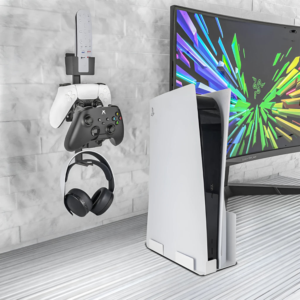 Black wall-mounted storage hook holding PS5 controller with adhesive backing for easy installation