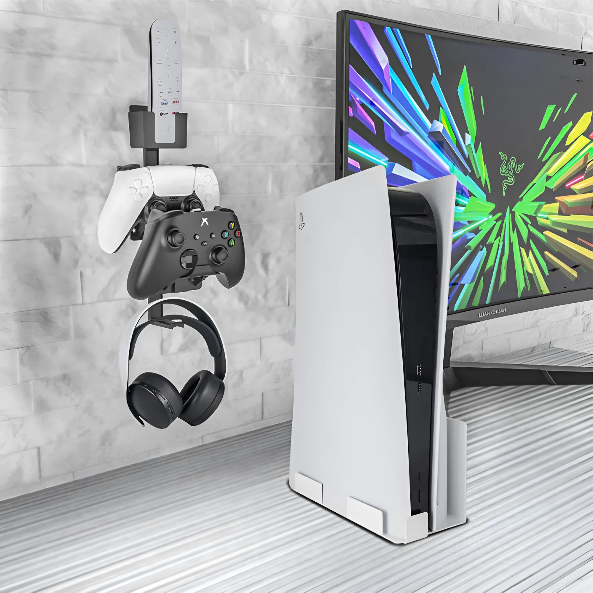 Black wall-mounted storage hook holding PS5 controller with adhesive backing for easy installation