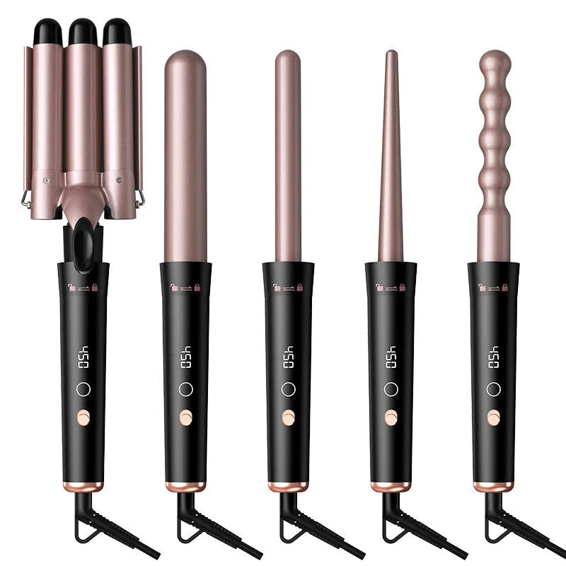 Rose gold five-in-one hair curler with LCD screen and heat-resistant gloves