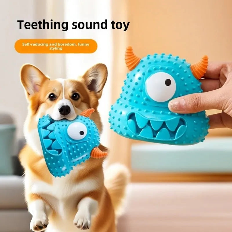 Little monster vocal dog toy in blue with exaggerated eyes, horns, and teeth; made of bite-resistant silicone.