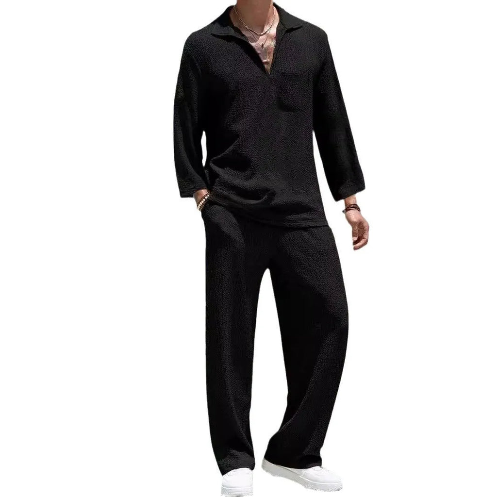 Men's casual polyester shirt trousers suit set in lake blue colour, showing complete two-piece outfit