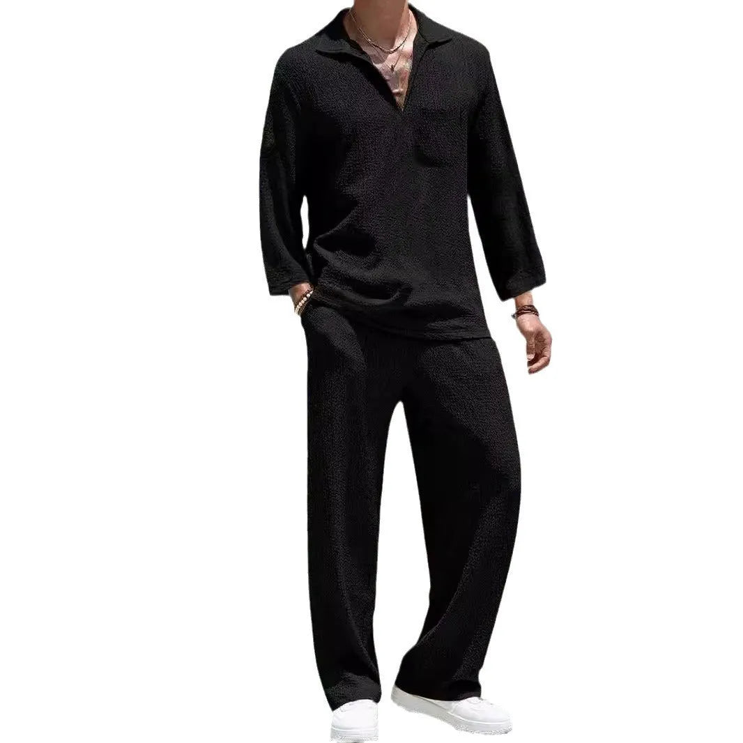 Men's casual polyester shirt trousers suit set in lake blue colour, showing complete two-piece outfit