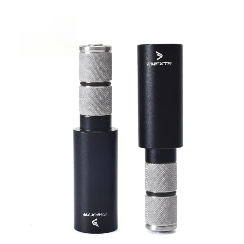 Pair of silver aluminium alloy folding bicycle handlebar extension rods showing extended and folded positions.