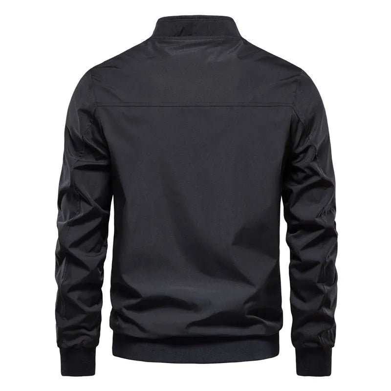 Men's solid colour thin casual jacket in polyester, shown in dark blue, black, and army green.
