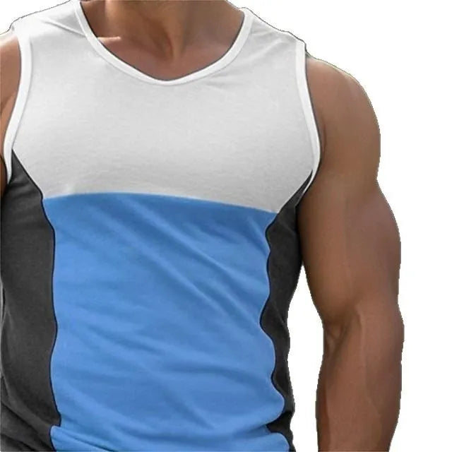 Men's blue contrast colour sleeveless sports vest for running on a mannequin.