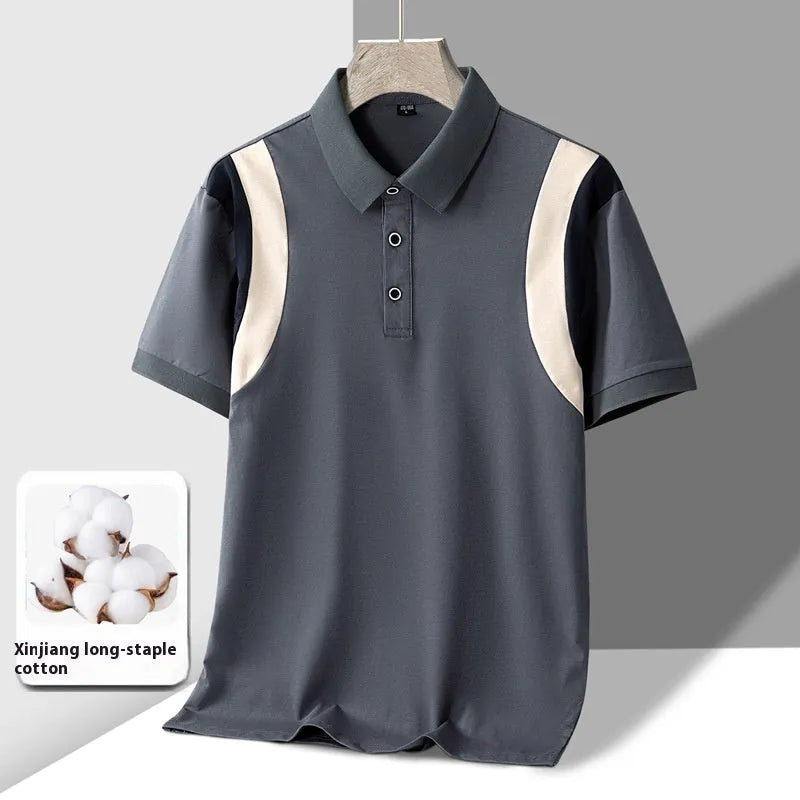 Men's striped cotton T-shirt with business lapel collar and short sleeves