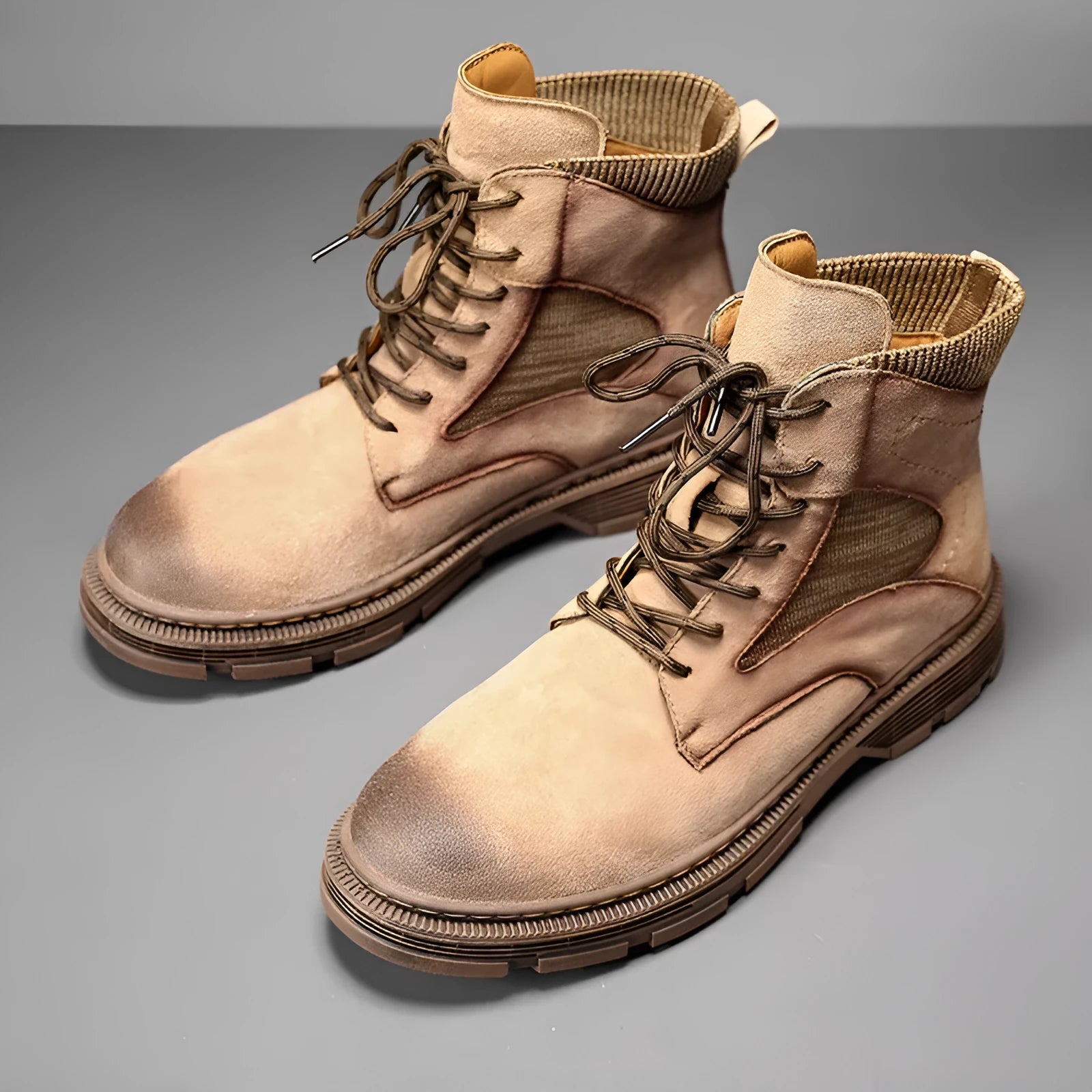 Men's vintage Martin boots in black with round toe, thick low heel, and rubber sole.
