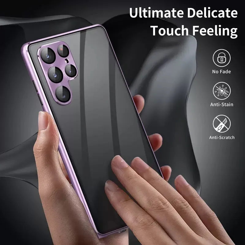 Metal magnetic phone case with peep-proof mirror for Samsung S24 Ultra in black colour.