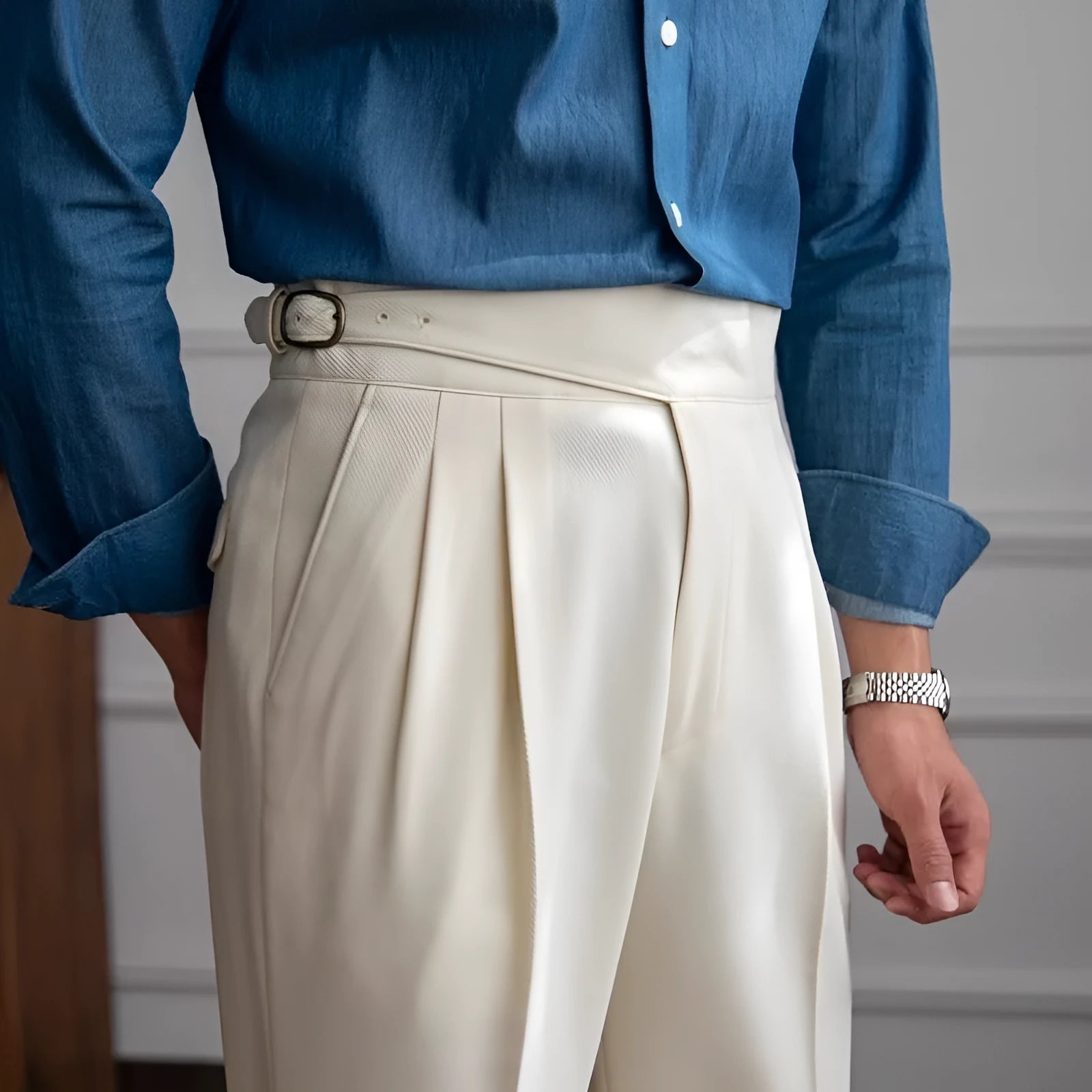 Men's high waist straight leg casual trousers in polyester available in black, white, khaki, and brown colours
