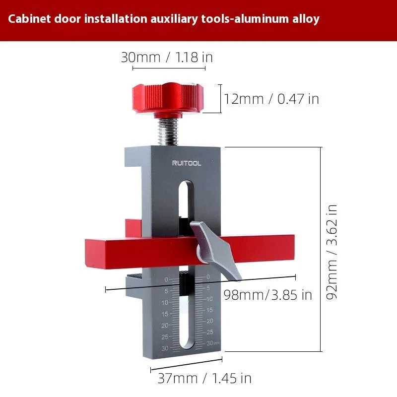 Aluminium alloy cabinet door installation aid tool for woodworking.