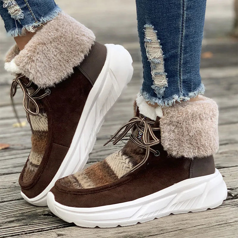 Women's lace-up snow boots in beige with thermal plush lining and rubber soles