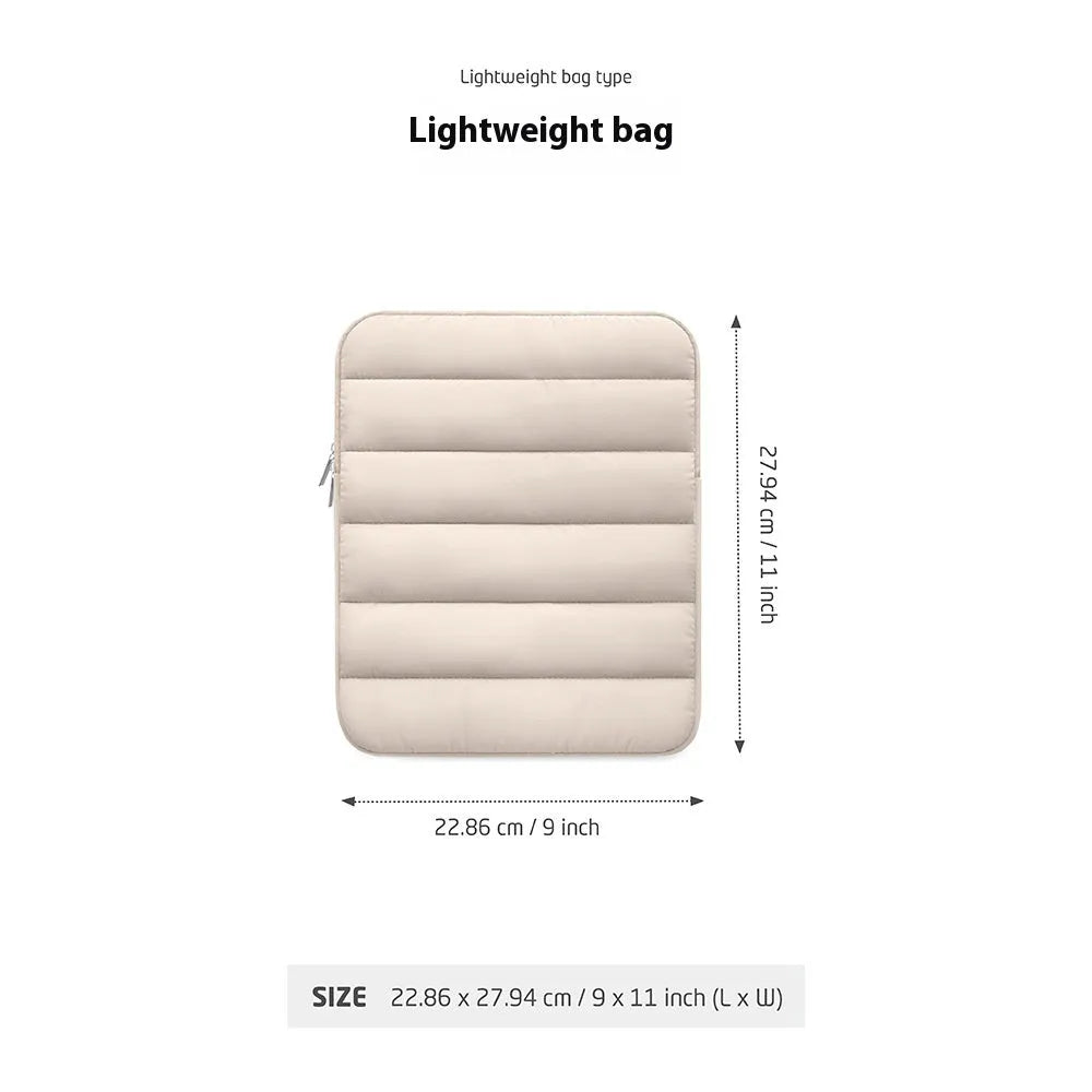 Fluffy padded laptop sleeve case for 9.7 to 11 inch devices in black, khaki, and silver colours.