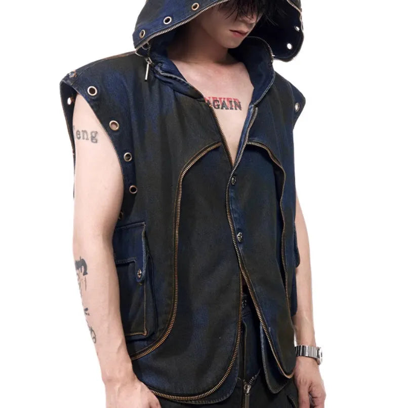 Blue hooded denim vest coat with matching trousers Korean style set