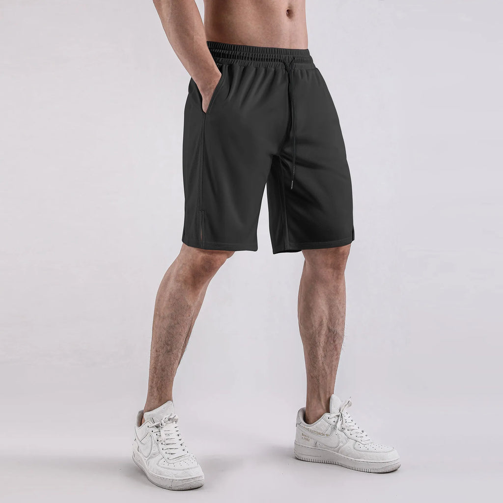 Men's black quick-drying mesh fitness shorts with elastic waistband