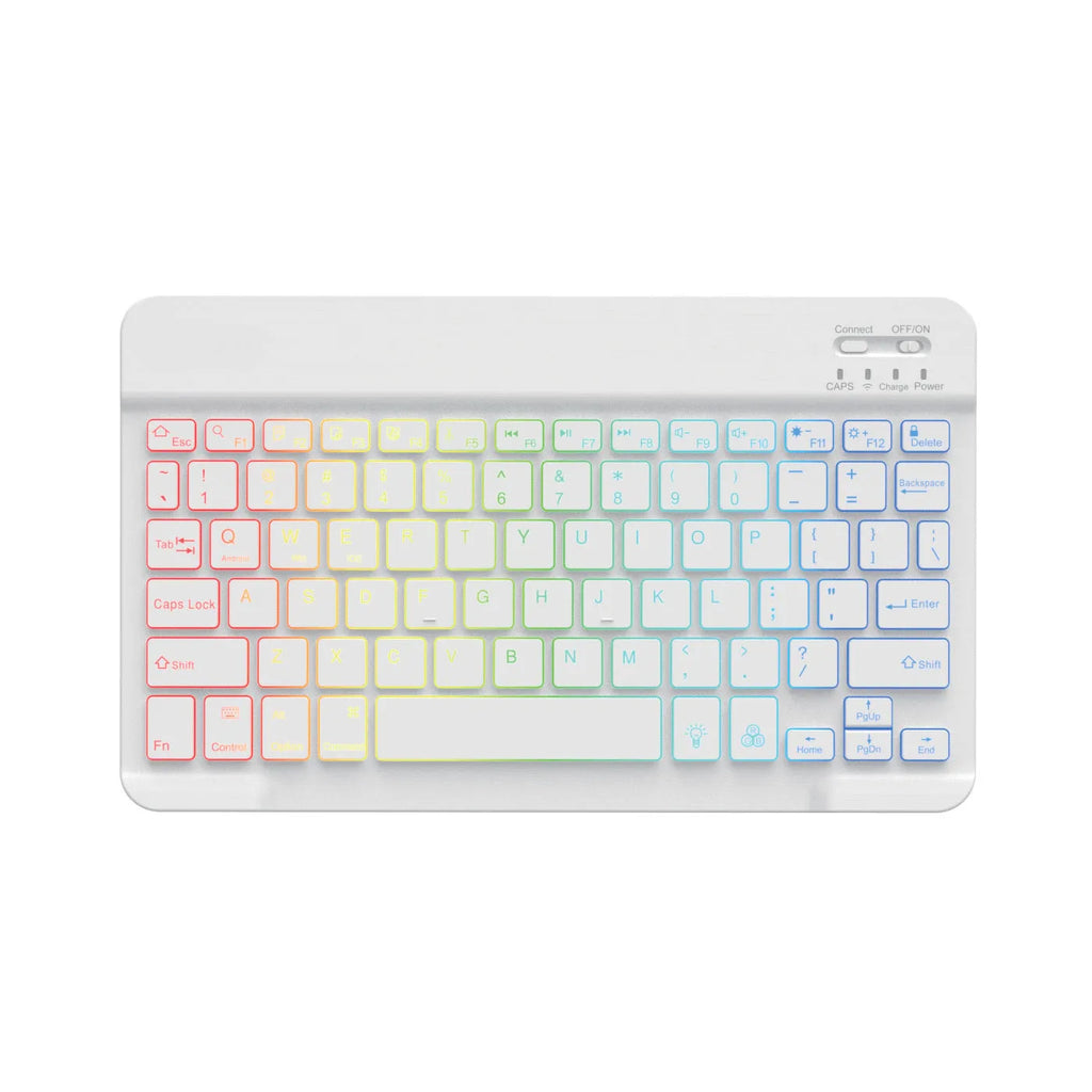 A 10-inch black Bluetooth keyboard with multi-colour LED backlit keys on a desk next to a tablet.