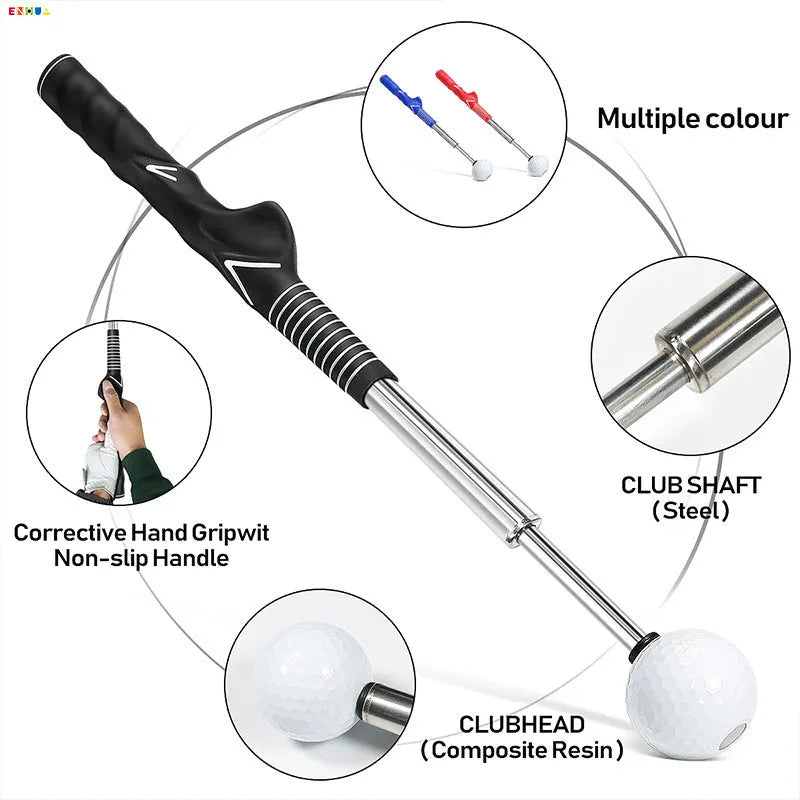 Telescopic golf swing trainer with stainless steel pole and practice net in black, blue, or red