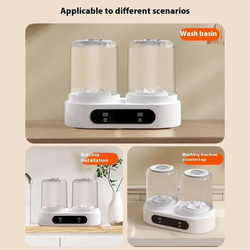 White double bucket portable mini washing machine with USB cable.