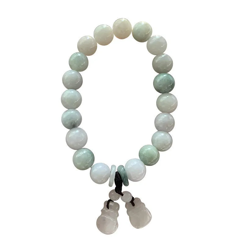 Natural jade Buddhist hanging bracelet showing geometric shape and symbolic charms