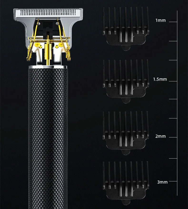 Black rechargeable electric hair clipper with four comb attachments and cleaning brush on a white background.