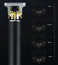 Black rechargeable electric hair clipper with four comb attachments and cleaning brush on a white background.