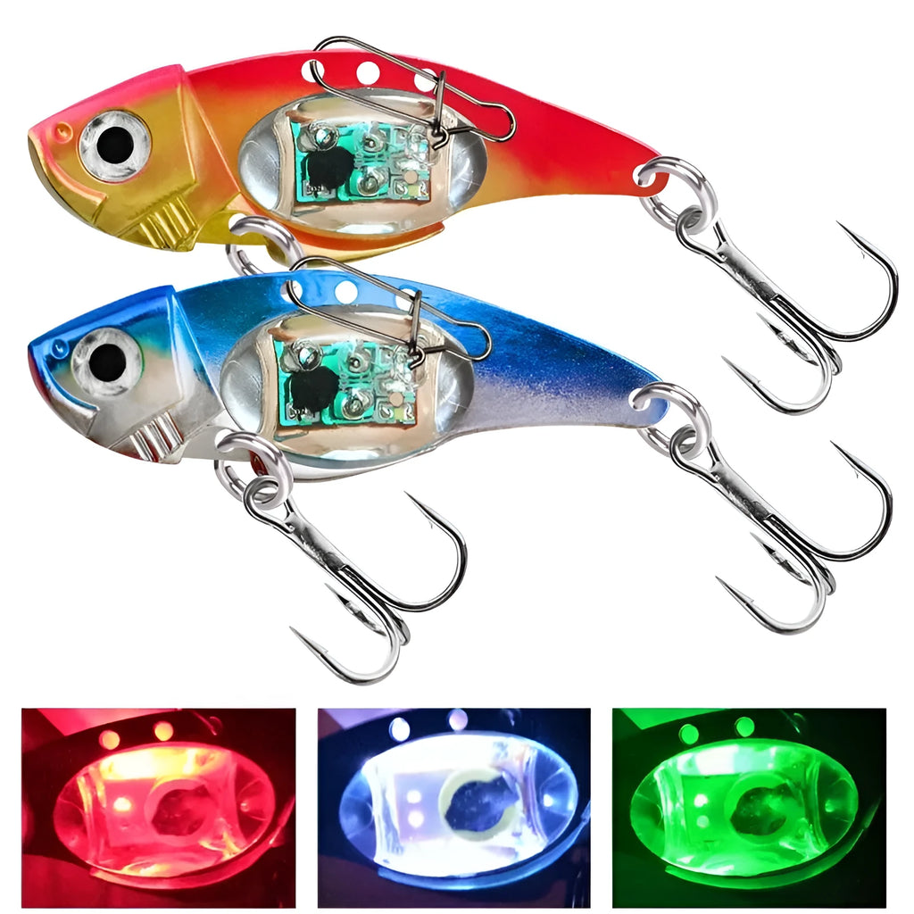 Electronic metal vib fishing lure with luminous elements in blue and red body colours