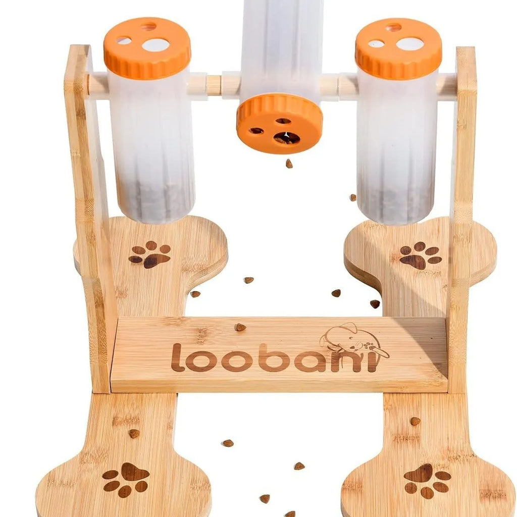 Wooden dog puzzle toy snack dispenser feeder measuring 31x30x20cm in natural wood colour