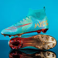 Men's outdoor training gold-plated high-top soccer shoes in green with synthetic leather upper and rubber sole