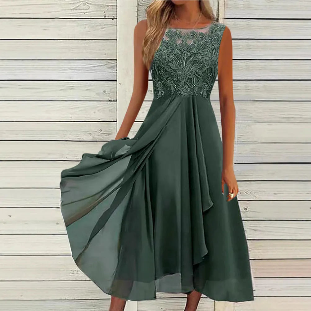 Women's sleeveless blue chiffon dress with lace stitching detail and a mid-length skirt.