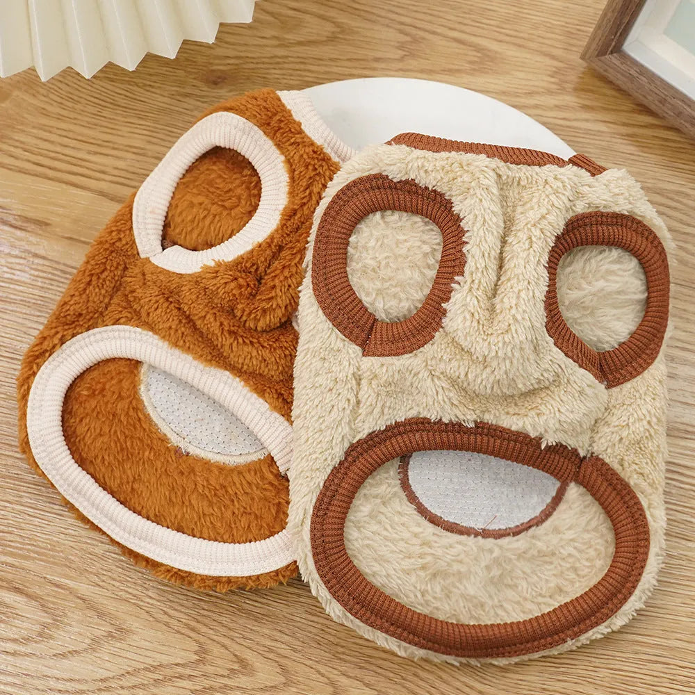 Fleece-lined cream polyester dog coat with bear ears on a small pet, available in sizes XXS to XL for 1-12kg dogs