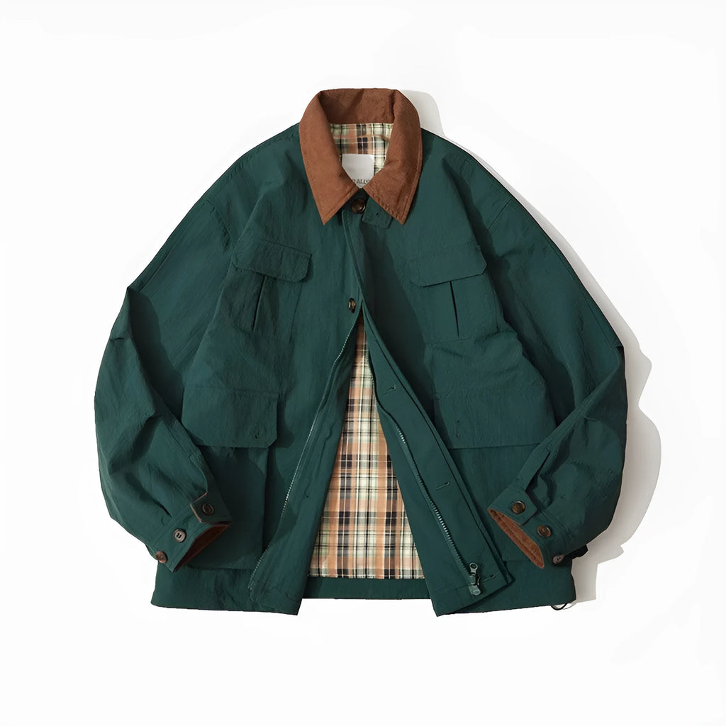 Green casual polyester jacket for men and women with side seam pockets on a hanger