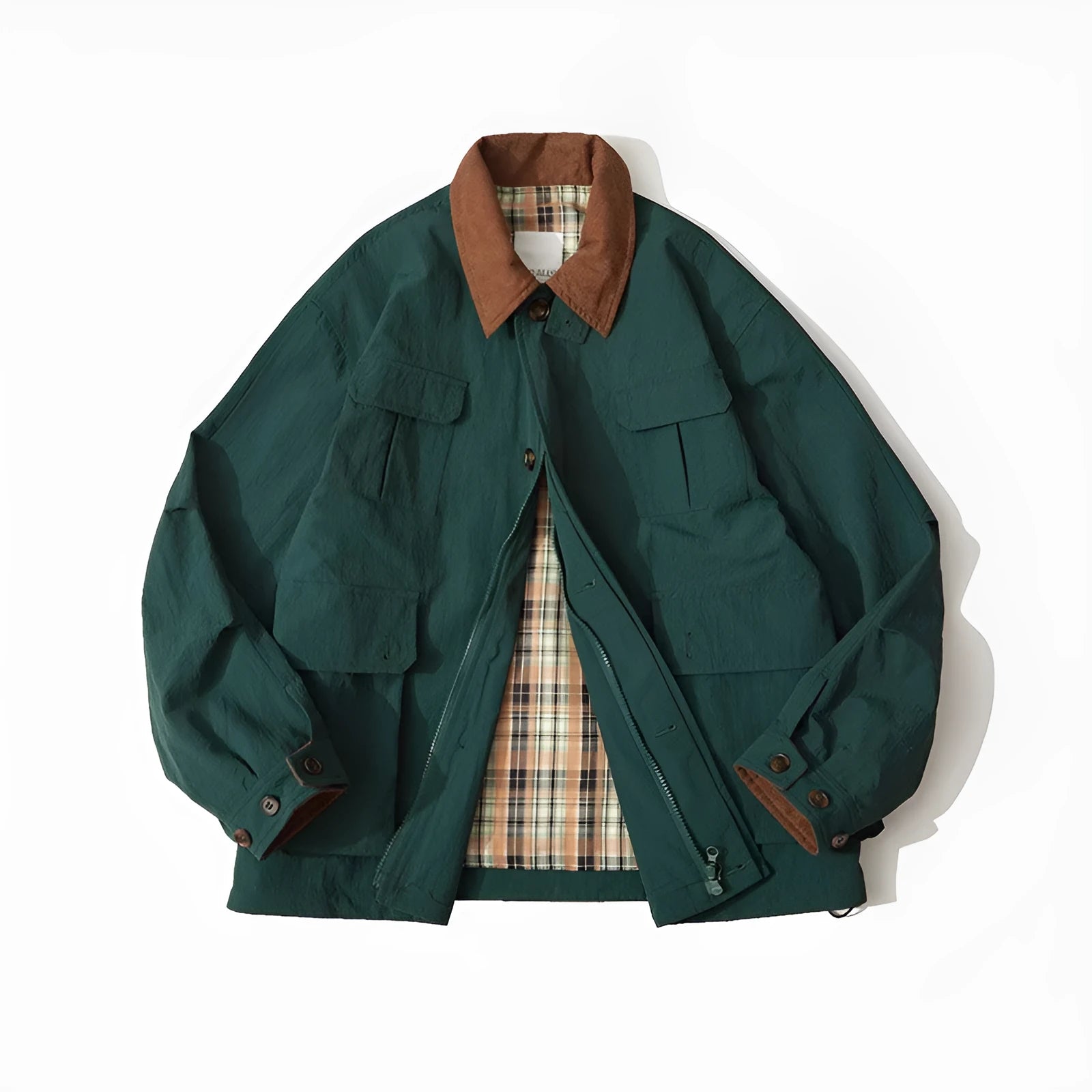 Green casual polyester jacket for men and women with side seam pockets on a hanger