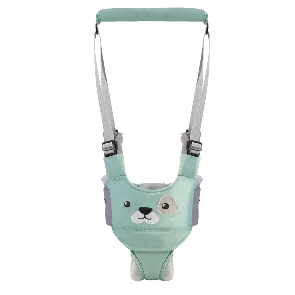 Baby walking harness belt with adjustable straps and removable crotch support in blue colour