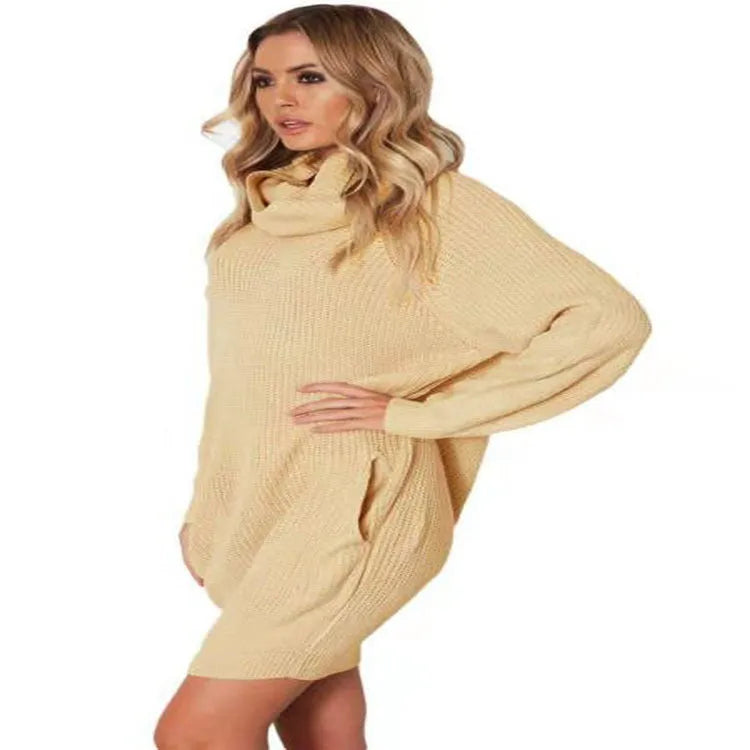Women's apricot lapel neckline pullover sweater with side pockets showing slim fit and knit texture