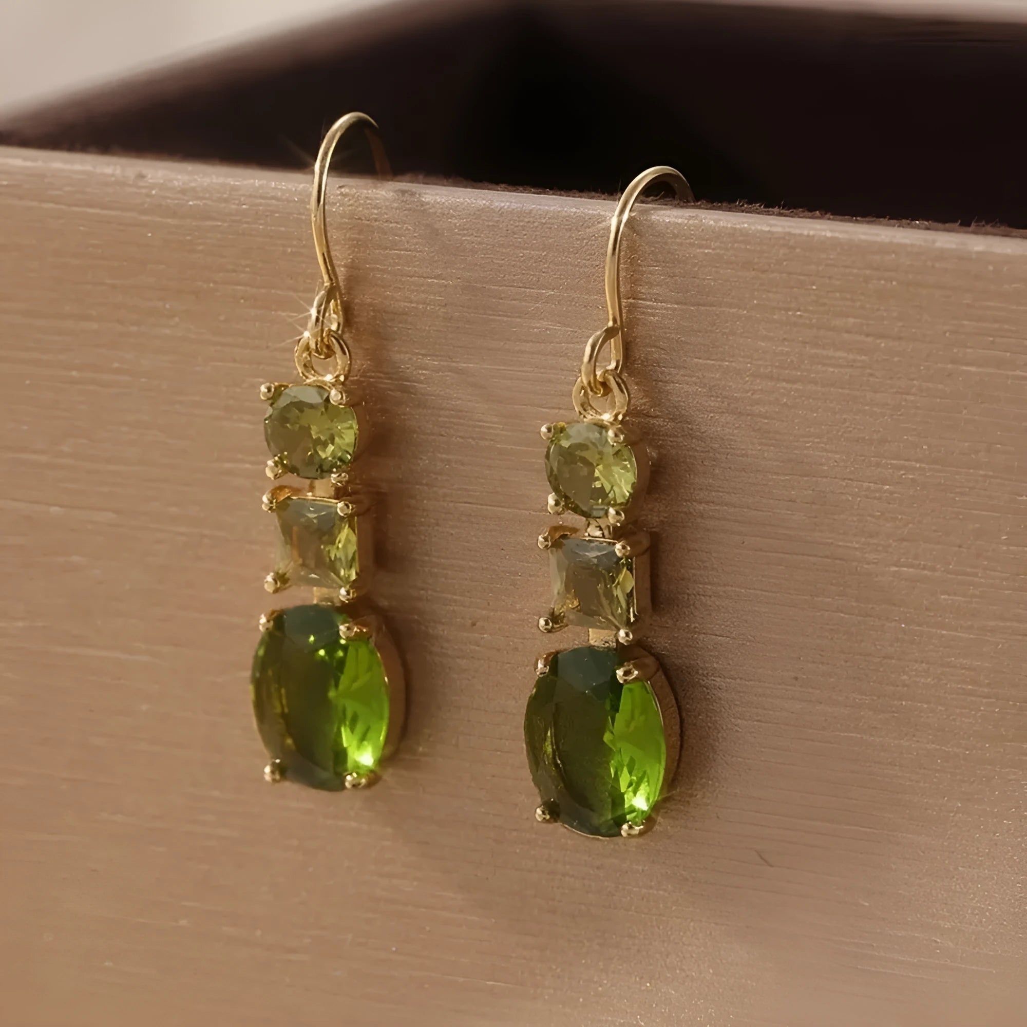 Green geometric copper drop earrings with quadrilateral design in retro Bohemian style