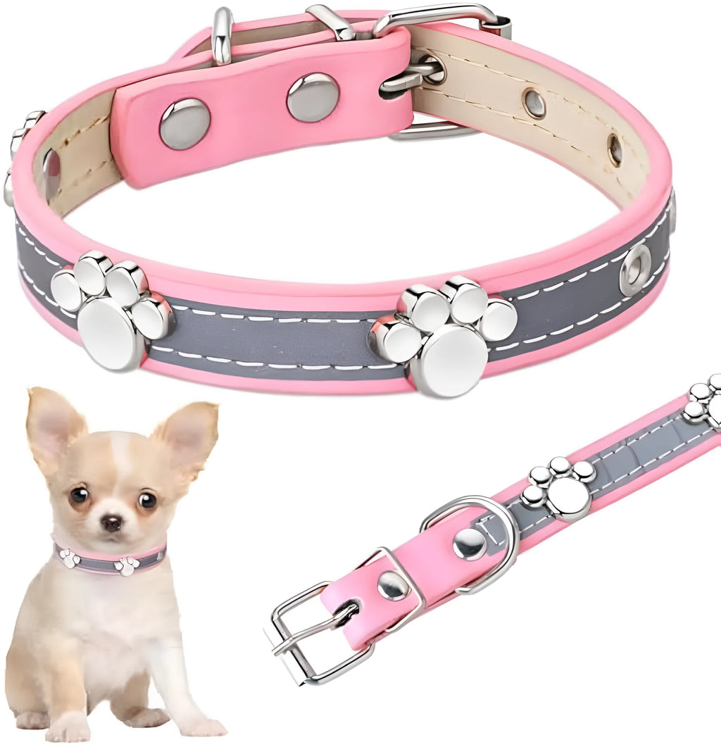 Reflective adjustable PU leather dog collar with metal paw rivet, shown on a size chart for S, M, L, XL, XXL.