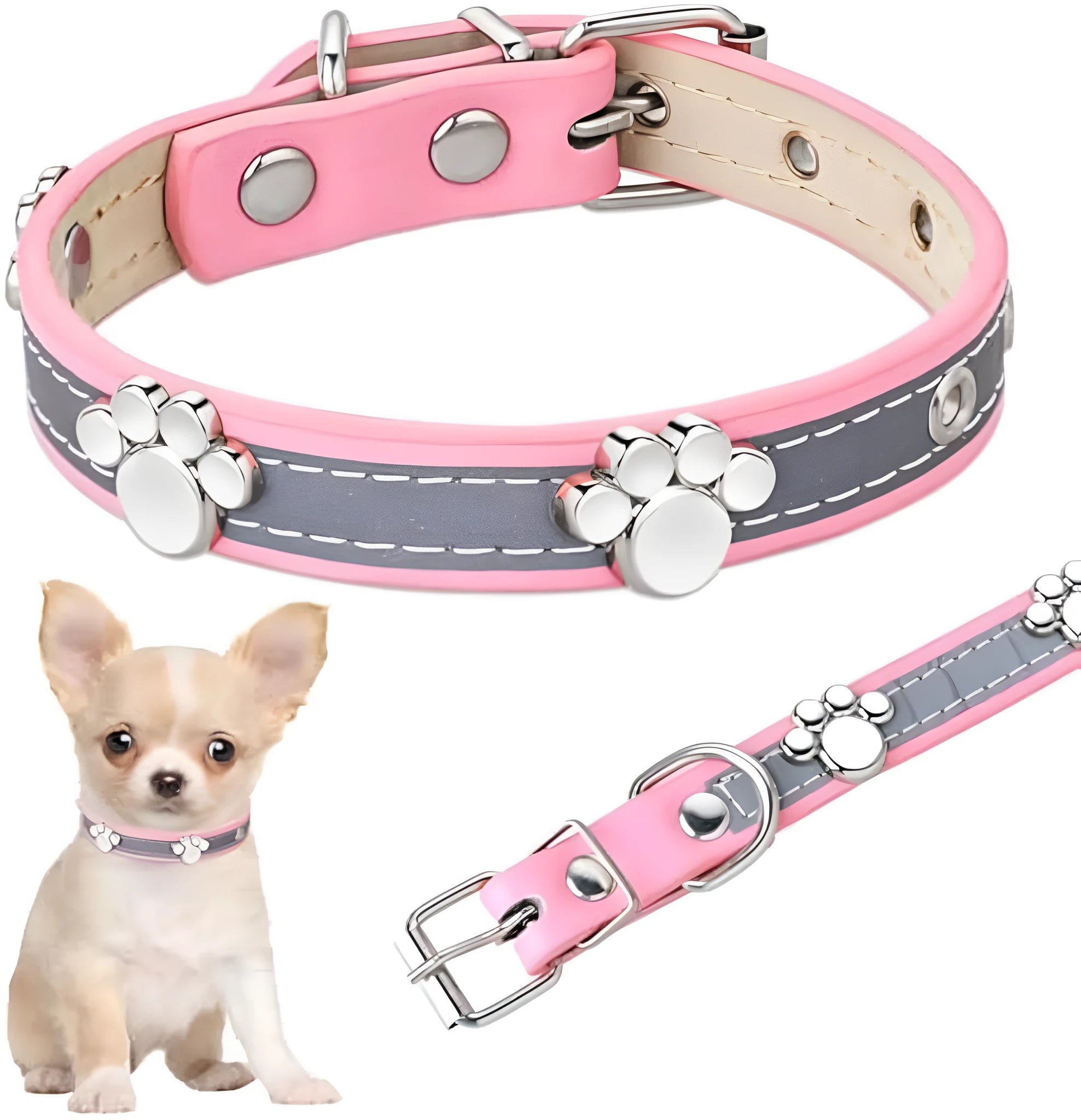 Reflective adjustable PU leather dog collar with metal paw rivet, shown on a size chart for S, M, L, XL, XXL.